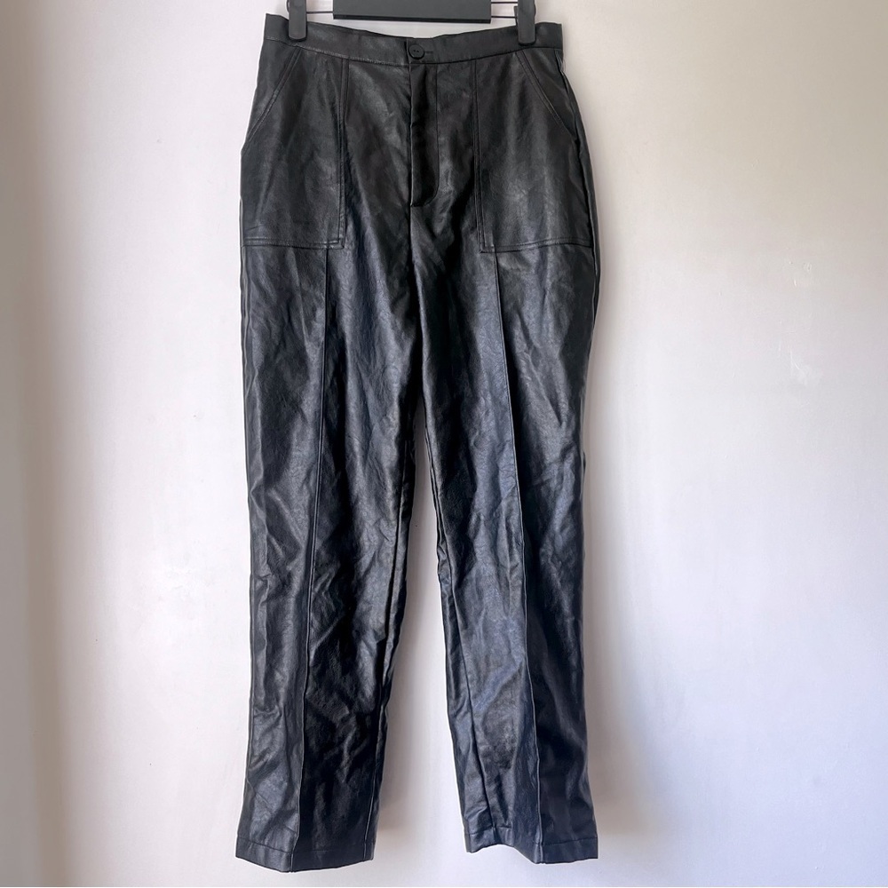 Princess Polly Encore Black Faux Leather High Rise Straight Leg Pants 6